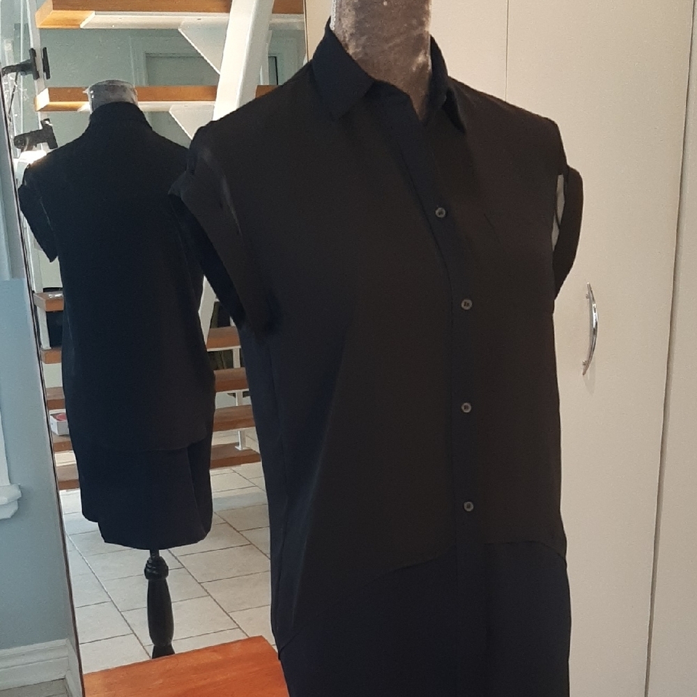 ALLSAINTS😇NAVY & Black PRETTY Lightweight FULL BUTTON Up SHEER SLEEVES High Low - Picture 2 of 13